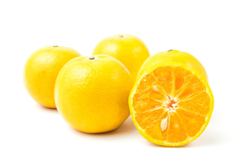 Fototapeta na wymiar fresh oranges full and half cut Rich in vitamin C isolated on white background and clipping path