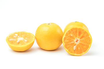 Obraz na płótnie Canvas fresh oranges full and half cut Rich in vitamin C isolated on white background and clipping path