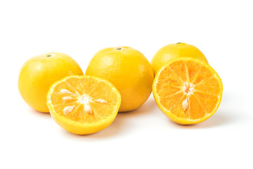 Obraz na płótnie Canvas fresh oranges full and half cut Rich in vitamin C isolated on white background and clipping path