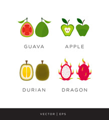 A set of vector editable fruits illustration: guava, apple, durian, dragon fruit. Leaf, slice, seeds.  Flat simple style.