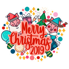 Cute Collection of Merry Christmas And Happy New Year elements. Greeting stylish illustration with winter toys, decoration, deer, people, pig, tree, lettering.