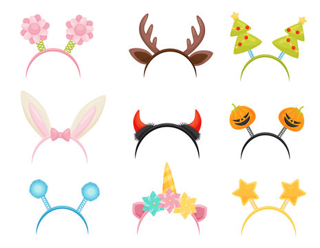 Flat vector set of festive hair hoops. Cute head accessories for holiday parties. Attributes of costumes