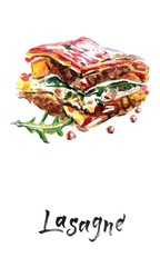 Tasty lasagne with meat covered with cheese, watercolor vector illustration
