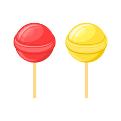 Red and Yellow Lollipops Candy on Stick Set. Vector