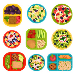 Flat vector set of bowls with fruit salads and lunch boxes with food. Healthy eating. Tasty dishes for breakfast