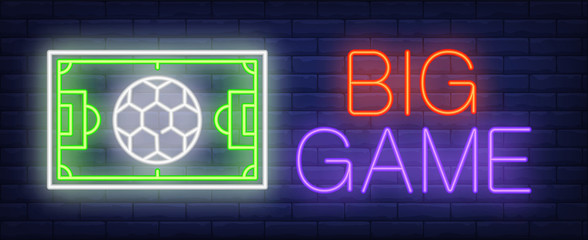 Big Game Neon Text With Football Field And Ball Sports Pub And