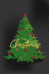 Christmas tree with decorations from red ribbons and balls. Christmas decoration card. 