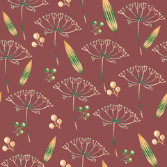 Watercolor pattern with dill, leaves and berries on a brown background. Children's illustration in cartoon style for textile, packaging design, printing.