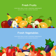 Horizontal banners set with fresh fruits and vegetables