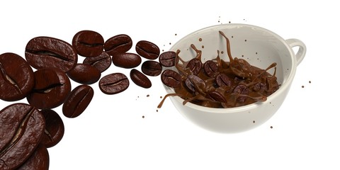 3d render coffee beans into a cup with liquid coffee splash on white background