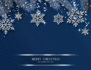 Blue Merry Christmas and Happy New Year shiny card with snowflakes and fir branches.