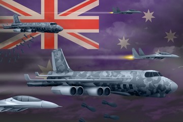 Australia air forces bombing strike concept. Australia army air planes drop bombs on flag background. 3d Illustration