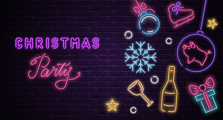 Christmas party poster with neon luminous holiday decorations on brick background.