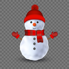 3d snowman on transparent background, vector illustration.