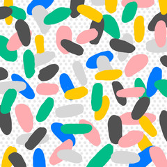 Abstract hand drawn colorful ink brush elements pattern on polka dot background.