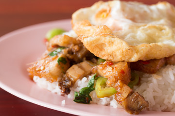Rice topped with stir fried pork and basil