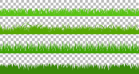 Large set of fresh green spring grass cartoon borders in lengths and densities for use as design elements isolated on transparent background. cartoon vector illustration