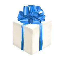 Hand drawn watercolor present box with glossy blue bow isolated on white background. Realistic holiday illustration.