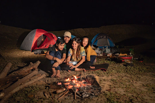 Close Up Group Of Friends Camping,selfie Around Camp Fire