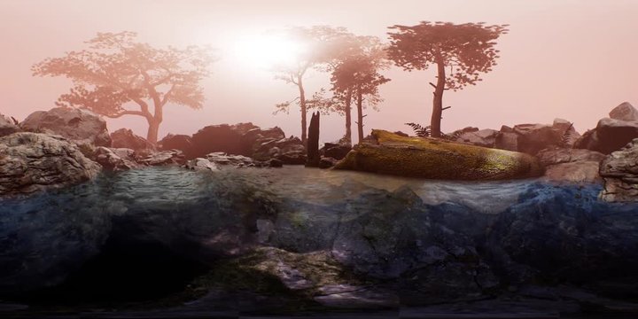 vr 360 camera moving near rocky island with pine trees in ocean. ready for use in vr360 virtual reality