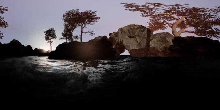 vr 360 camera moving near rocky island with pine trees in ocean. ready for use in vr360 virtual reality