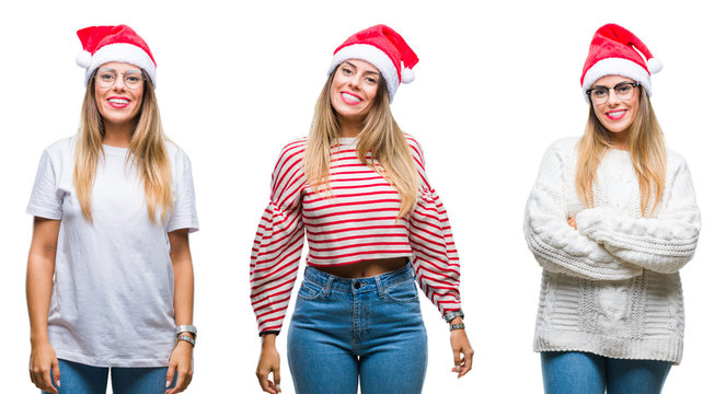 Collage of young beautiful woman wearing christmas hat over isolated background with a happy and cool smile on face. Lucky person.