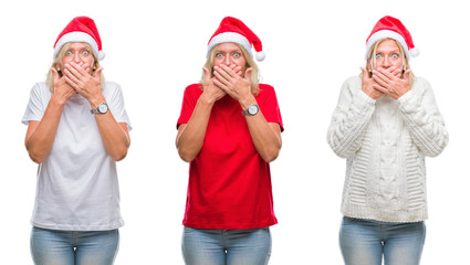 Collage of beautiful middle age blonde woman wearing christmas hat over white isolated backgroud shocked covering mouth with hands for mistake. Secret concept.