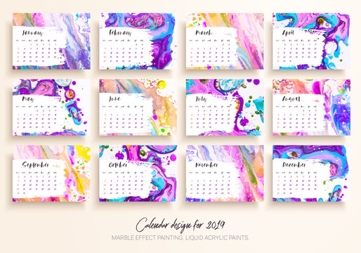 Calendar design for 2019. Set of 12 calendar pages vector design print template with mixture liquid acrylic painted. Marble effect painting. Fluid colors textures. Modern artwork. Trendy design.