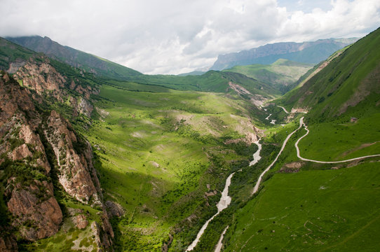 Panorama of the Chegem gorge. It is observed from height of flight the glider.