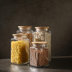 Sustainable lifestyle concept, zero waste, cereals and beas in glass, eco friendly, plastic free...