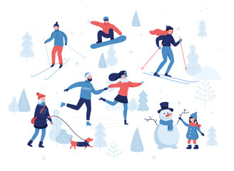 People having winter activities in park, skiing, skating, snowboarding, girl walking the dog, girl making a cute snowman, cartoon characters in flat design isolated on white. Vector illustration.