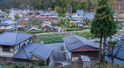Overhead view of small Japanese village in mountains near Kurama