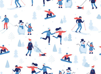 Fototapeta na wymiar Winter seamless pattern. People having winter activities in park, skiing, skating, snowboarding, girl walking the dog, girl making a cute snowman, cartoon characters in flat design isolated on white.