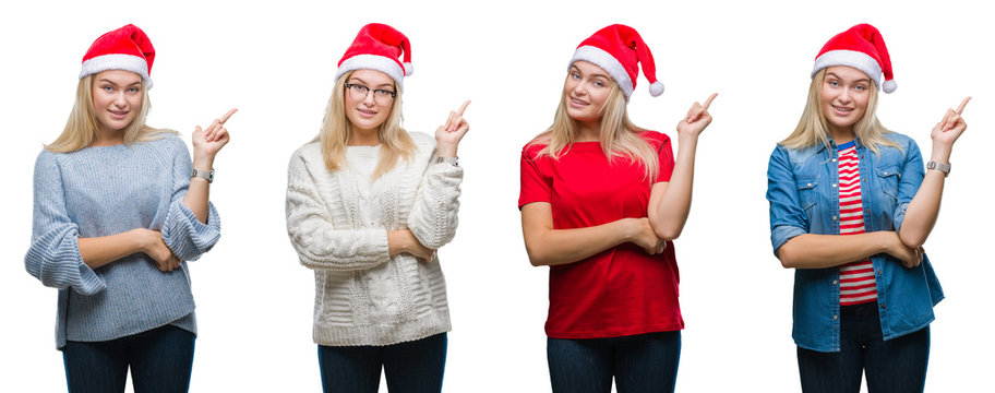 Collage of young beautiful blonde woman wearing christmas hat over white isolated backgroud with a big smile on face, pointing with hand and finger to the side looking at the camera.