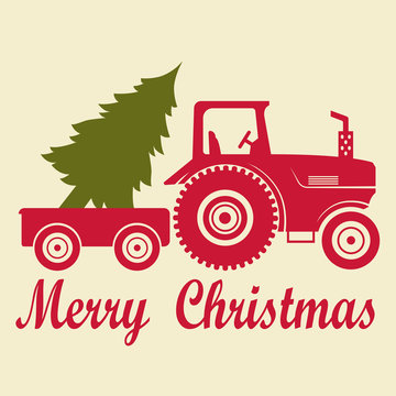 Christmas tractor with a trailer and a tree