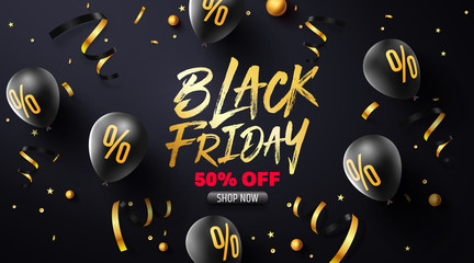 Black Friday Sale Poster with black balloons for Retail,Shopping or Black Friday Promotion in golden and black style.Vector illustration EPS10