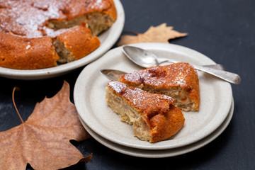apple pie on dish on black ceramic background