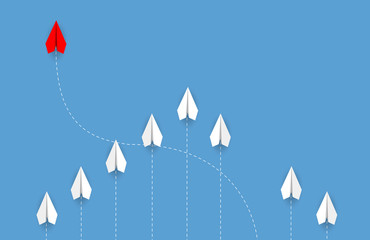 Red paper plane changing direction from white. New ideas. Different business concepts. Courage to risk. leadership. cartoon vector illustrations