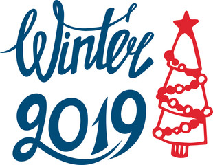 Christmas decoration kit. Lettering. Happy New year theme. Spruce, pine-tree. Winter holidays. Colorful vector illustration