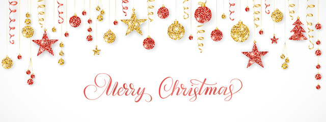 Red and gold glitter ornaments isolated on white. Hanging ribbons and balls, tree and stars. Merry Christmas calligraphy.