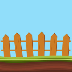 Cartoon rural wooden fence in green grass vector illustration. Wood farm fence outdoor.