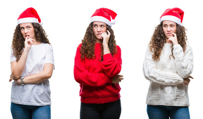 Collage of young brunette girl wearing christmas hat over isolated background looking stressed and nervous with hands on mouth biting nails. Anxiety problem.