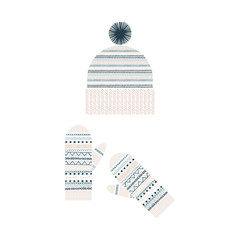 Knitted hat with pompom and mittens on white background. Hand-drawn winter accessories. Vector illustration.