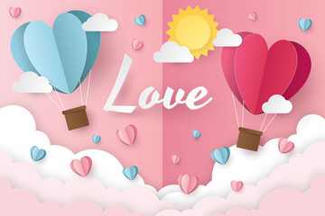 illustration of love and valentine day with balloon heart, clouds and sun. Paper cut style. Vector illustration