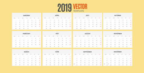 Desk Monthly Calendar 2019 year. Vector colorful template