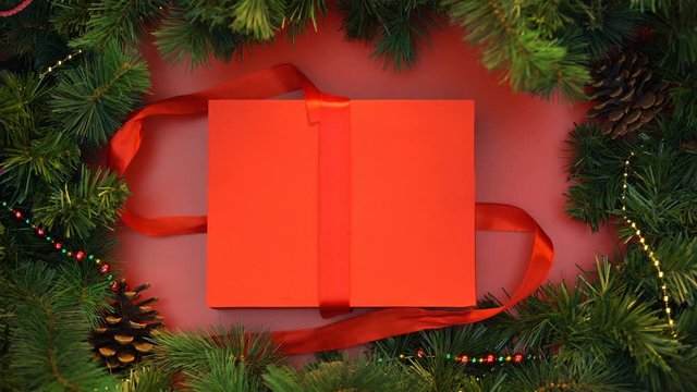 Unpacking of giftbox, wrapping tips, preparing for xmas and new year, top view