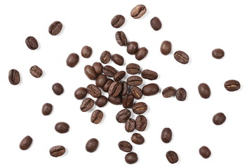 Coffee beans pile isolated on white background and texture, top view