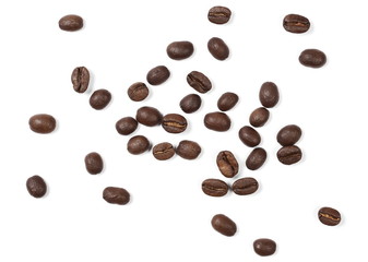 Coffee beans pile isolated on white background and texture, top view