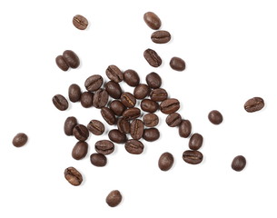 Coffee beans pile isolated on white background and texture, top view