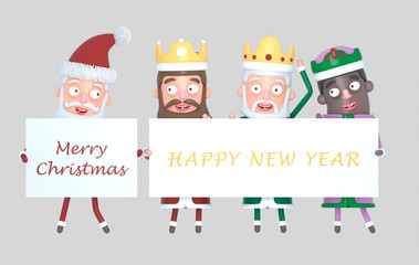 Three Magic Kings  and Santa Claus holding a placard with Greetings. Isolated.

Isolated. Easy automatic vectorization. Easy background remove. Easy color change. Easy combine. 